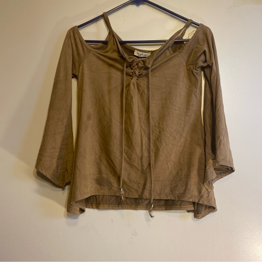 Love J Western Cold Shoulder‎ Blouse V Neck Lace Front Cognac Boho Cowgirl